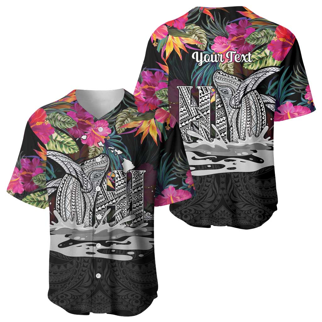 Personalised Hawaii Baseball Jersey Humpback Whale Tattoo With Tropical Flowers Black