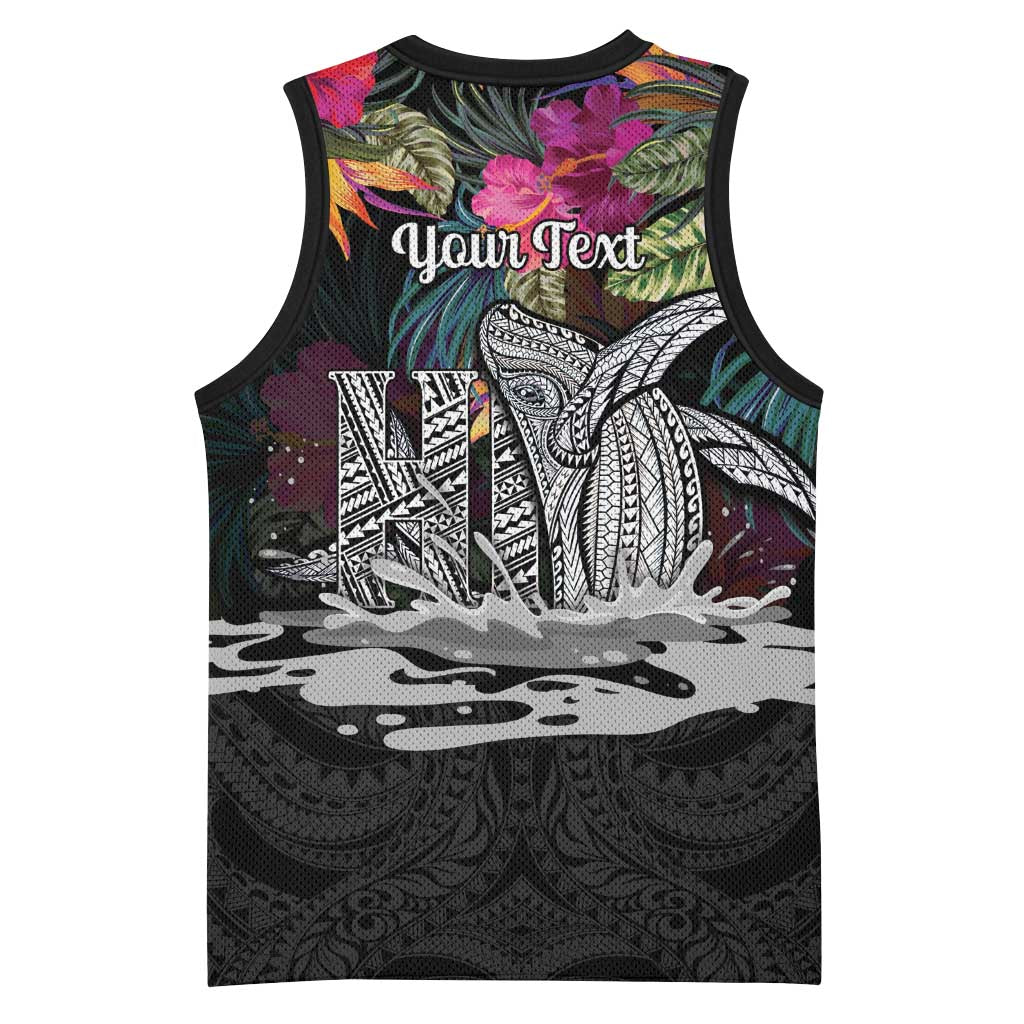Personalised Hawaii Basketball Jersey Humpback Whale Tattoo With Tropical Flowers Black