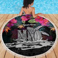 Personalised Hawaii Beach Blanket Humpback Whale Tattoo With Tropical Flowers Black