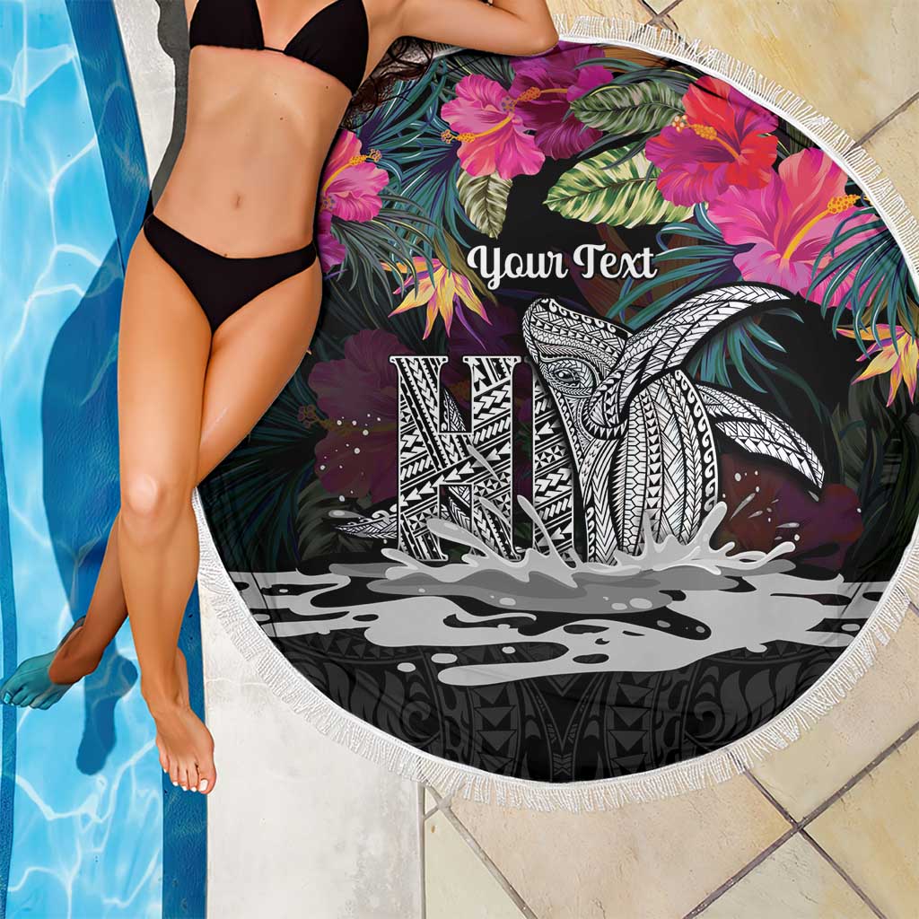 Personalised Hawaii Beach Blanket Humpback Whale Tattoo With Tropical Flowers Black