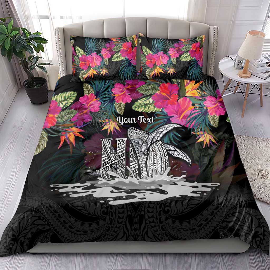 Personalised Hawaii Bedding Set Humpback Whale Tattoo With Tropical Flowers Black