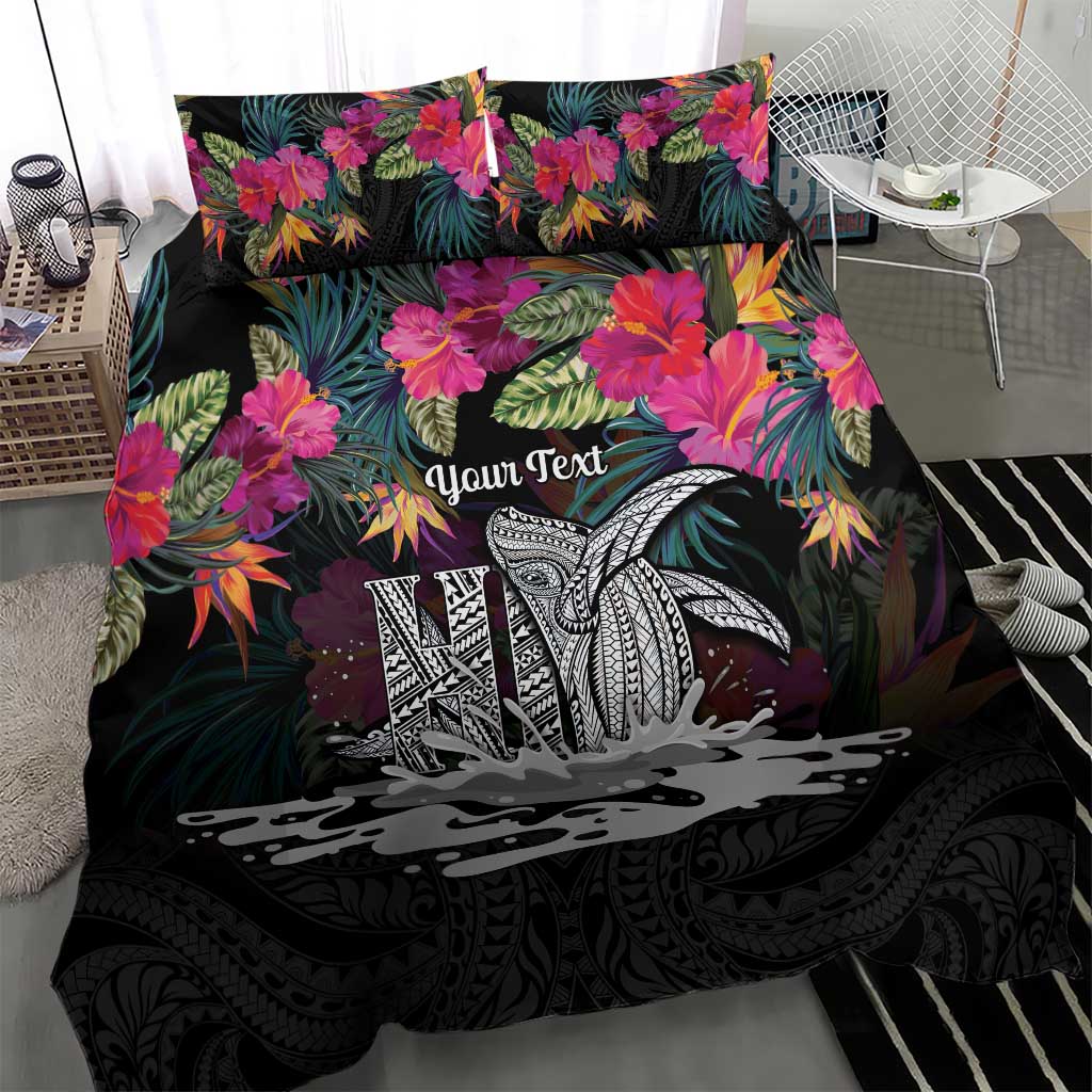 Personalised Hawaii Bedding Set Humpback Whale Tattoo With Tropical Flowers Black