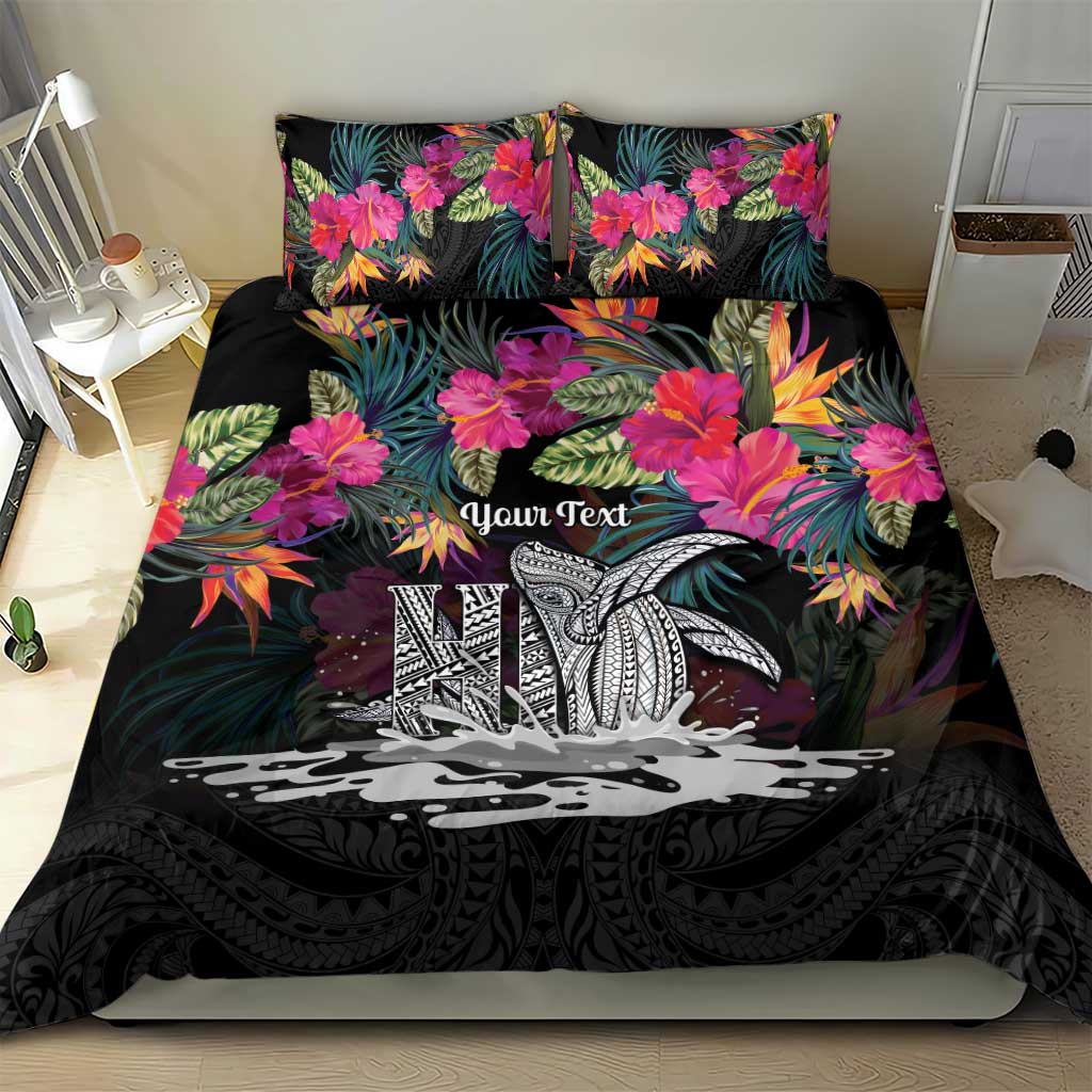 Personalised Hawaii Bedding Set Humpback Whale Tattoo With Tropical Flowers Black