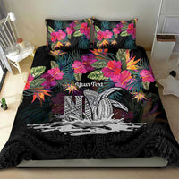 Personalised Hawaii Bedding Set Humpback Whale Tattoo With Tropical Flowers Black