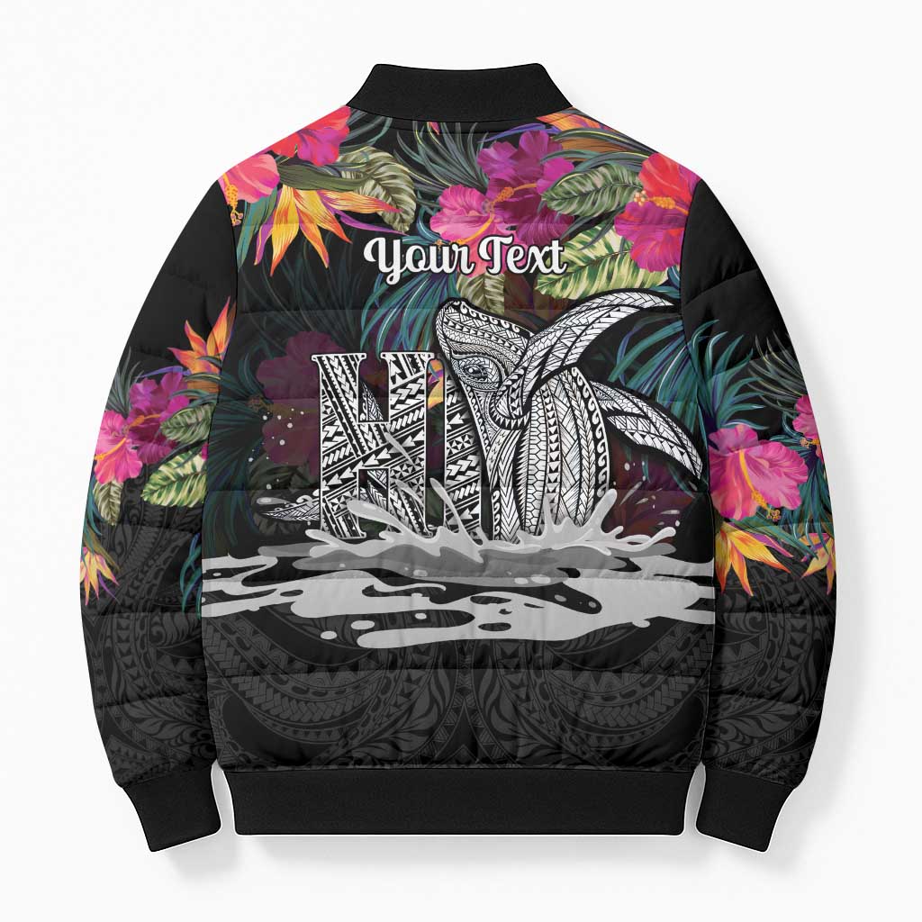 Personalised Hawaii Bomber Puffer Jacket Humpback Whale Tattoo With Tropical Flowers Black