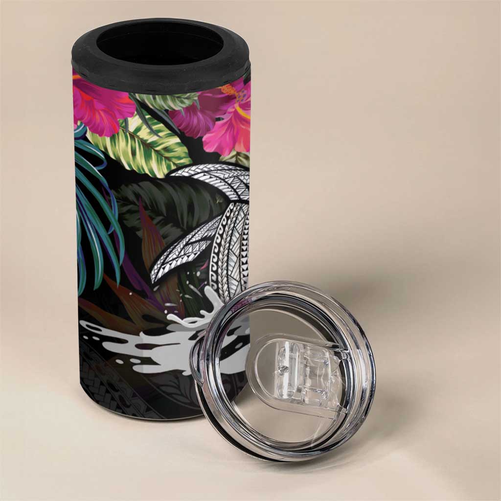 Personalised Hawaii 4 in 1 Can Cooler Tumbler Humpback Whale Tattoo With Tropical Flowers Black