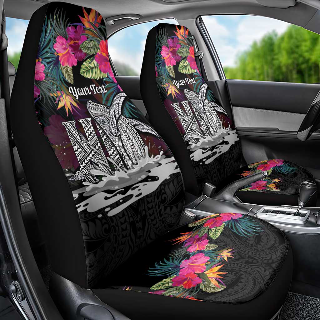 Personalised Hawaii Car Seat Cover Humpback Whale Tattoo With Tropical Flowers Black