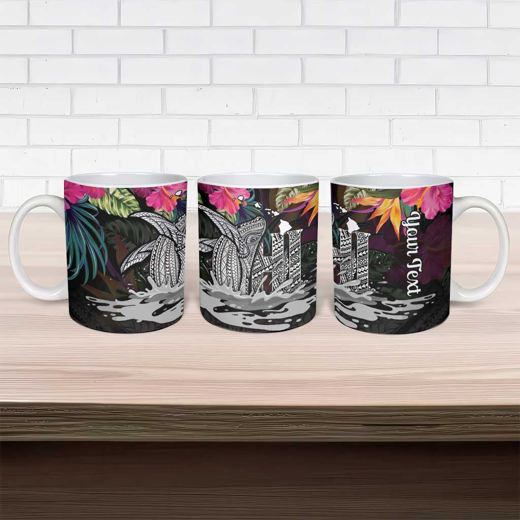 Personalised Hawaii Ceramic Mug Humpback Whale Tattoo With Tropical Flowers Black
