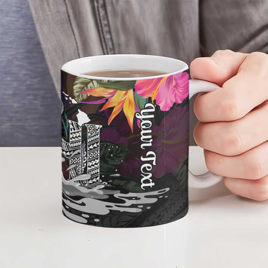 Personalised Hawaii Ceramic Mug Humpback Whale Tattoo With Tropical Flowers Black