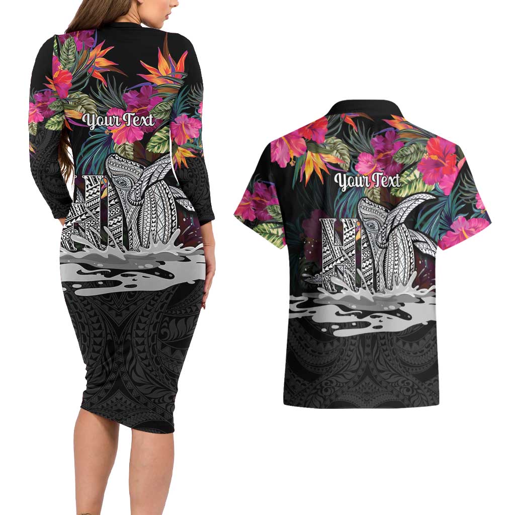 Personalised Hawaii Couples Matching Long Sleeve Bodycon Dress and Hawaiian Shirt Humpback Whale Tattoo With Tropical Flowers Black LT14 - Polynesian Pride
