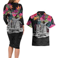 Personalised Hawaii Couples Matching Long Sleeve Bodycon Dress and Hawaiian Shirt Humpback Whale Tattoo With Tropical Flowers Black LT14 - Polynesian Pride