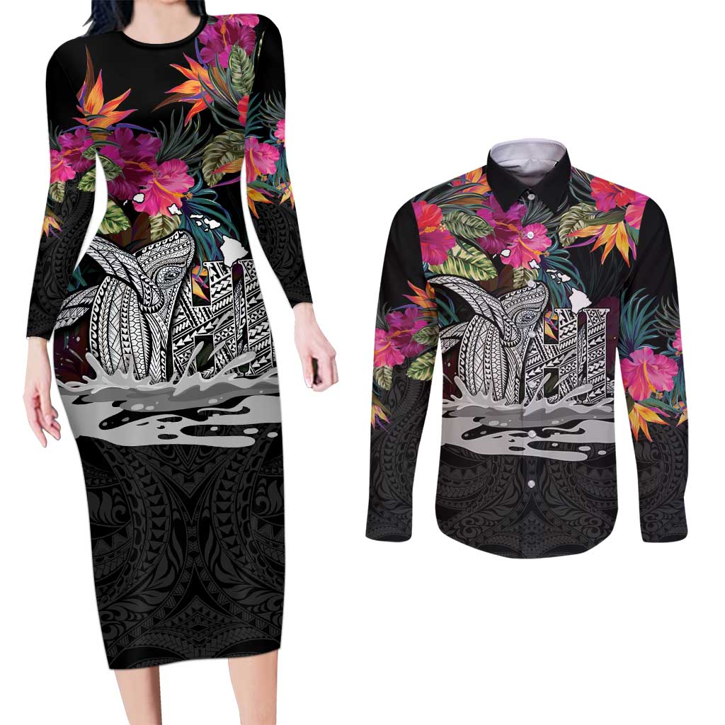 Personalised Hawaii Couples Matching Long Sleeve Bodycon Dress and Long Sleeve Button Shirt Humpback Whale Tattoo With Tropical Flowers Black