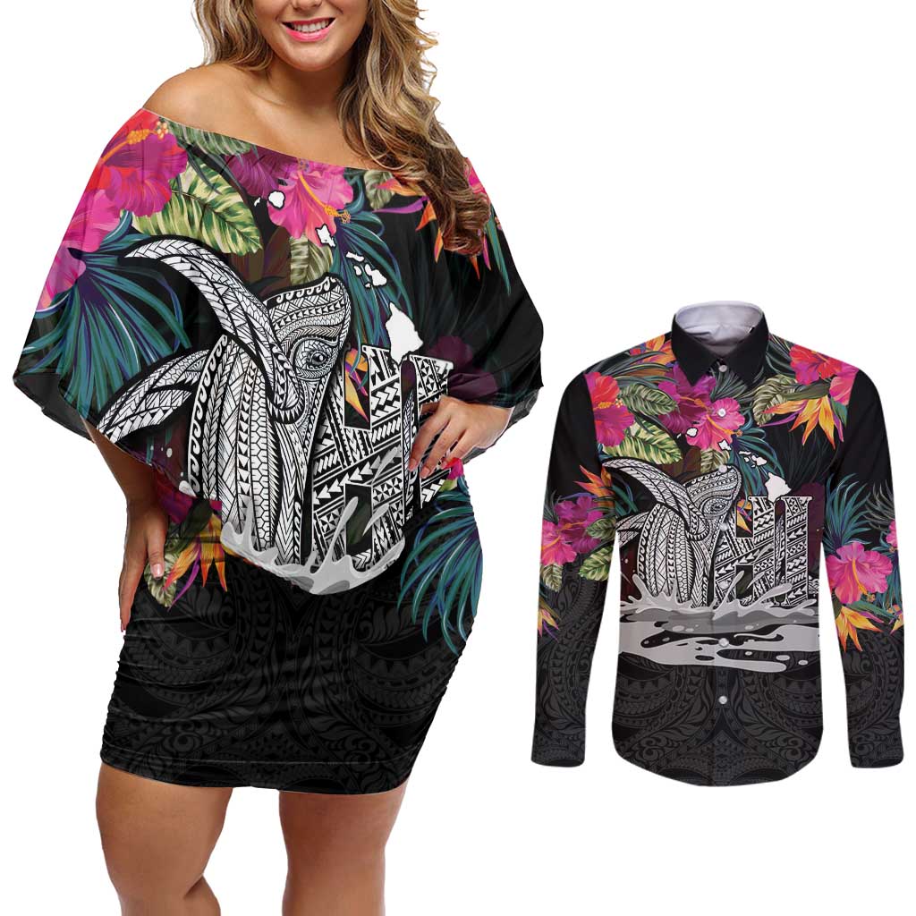 Personalised Hawaii Couples Matching Off Shoulder Short Dress and Long Sleeve Button Shirt Humpback Whale Tattoo With Tropical Flowers Black