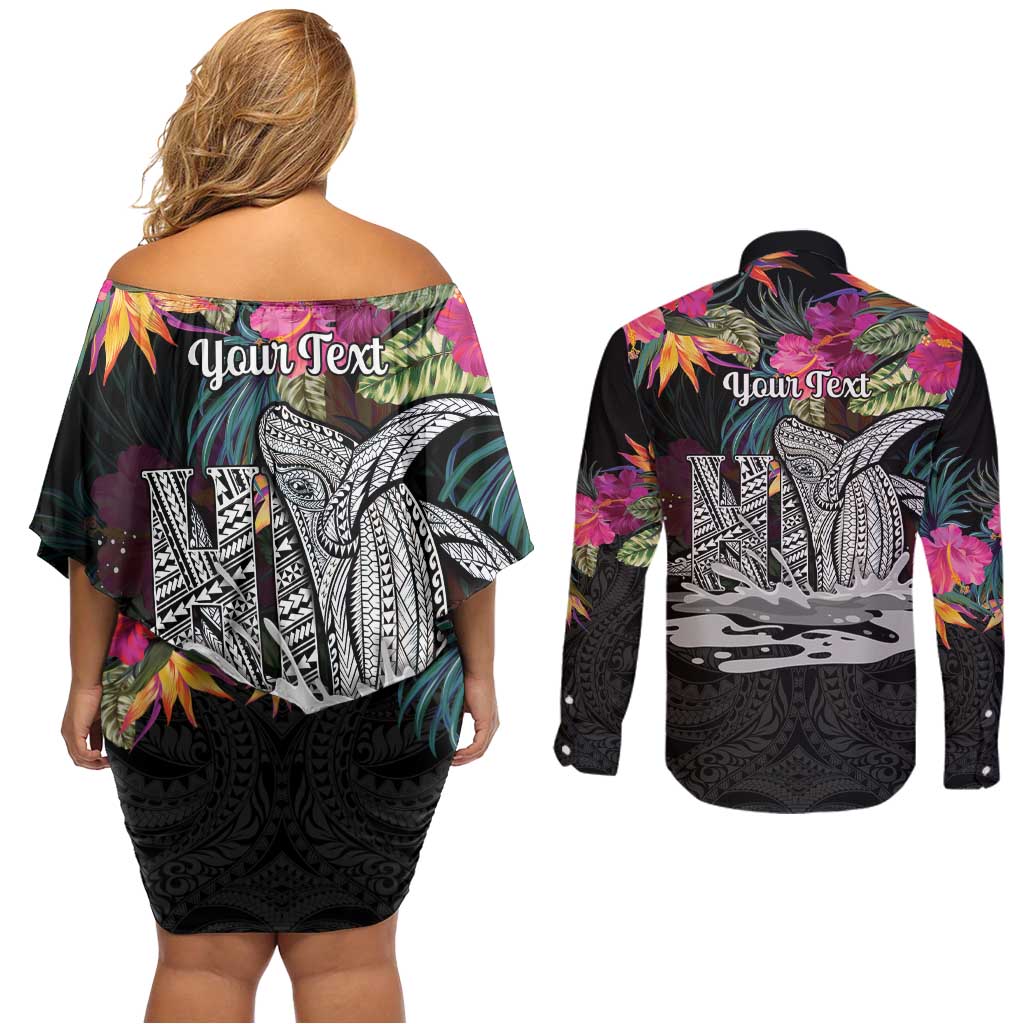 Personalised Hawaii Couples Matching Off Shoulder Short Dress and Long Sleeve Button Shirt Humpback Whale Tattoo With Tropical Flowers Black