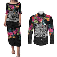 Personalised Hawaii Couples Matching Puletasi and Long Sleeve Button Shirt Humpback Whale Tattoo With Tropical Flowers Black