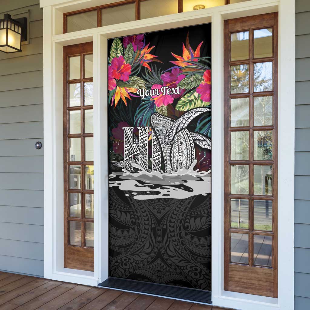 Personalised Hawaii Door Cover Humpback Whale Tattoo With Tropical Flowers Black
