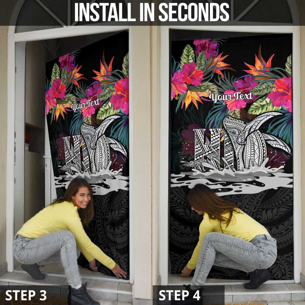 Personalised Hawaii Door Cover Humpback Whale Tattoo With Tropical Flowers Black