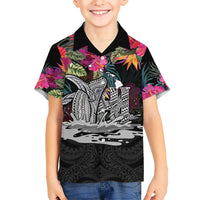 Personalised Hawaii Family Matching Long Sleeve Bodycon Dress and Hawaiian Shirt Humpback Whale Tattoo With Tropical Flowers Black LT14 Son's Shirt Black - Polynesian Pride