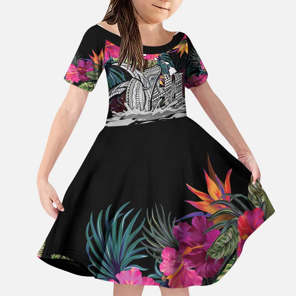 Personalised Hawaii Family Matching Off The Shoulder Long Sleeve Dress and Hawaiian Shirt Humpback Whale Tattoo With Tropical Flowers Black LT14 Daughter's Dress Black - Polynesian Pride