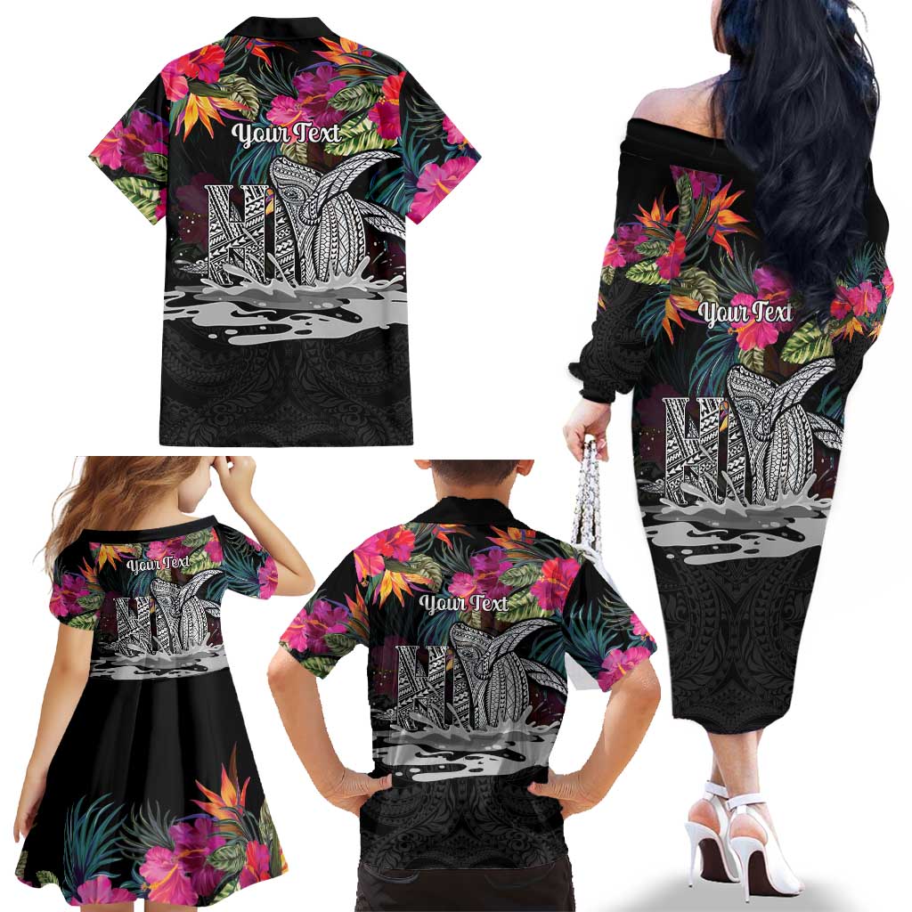 Personalised Hawaii Family Matching Off The Shoulder Long Sleeve Dress and Hawaiian Shirt Humpback Whale Tattoo With Tropical Flowers Black LT14 - Polynesian Pride
