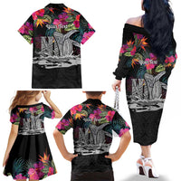 Personalised Hawaii Family Matching Off The Shoulder Long Sleeve Dress and Hawaiian Shirt Humpback Whale Tattoo With Tropical Flowers Black LT14 - Polynesian Pride