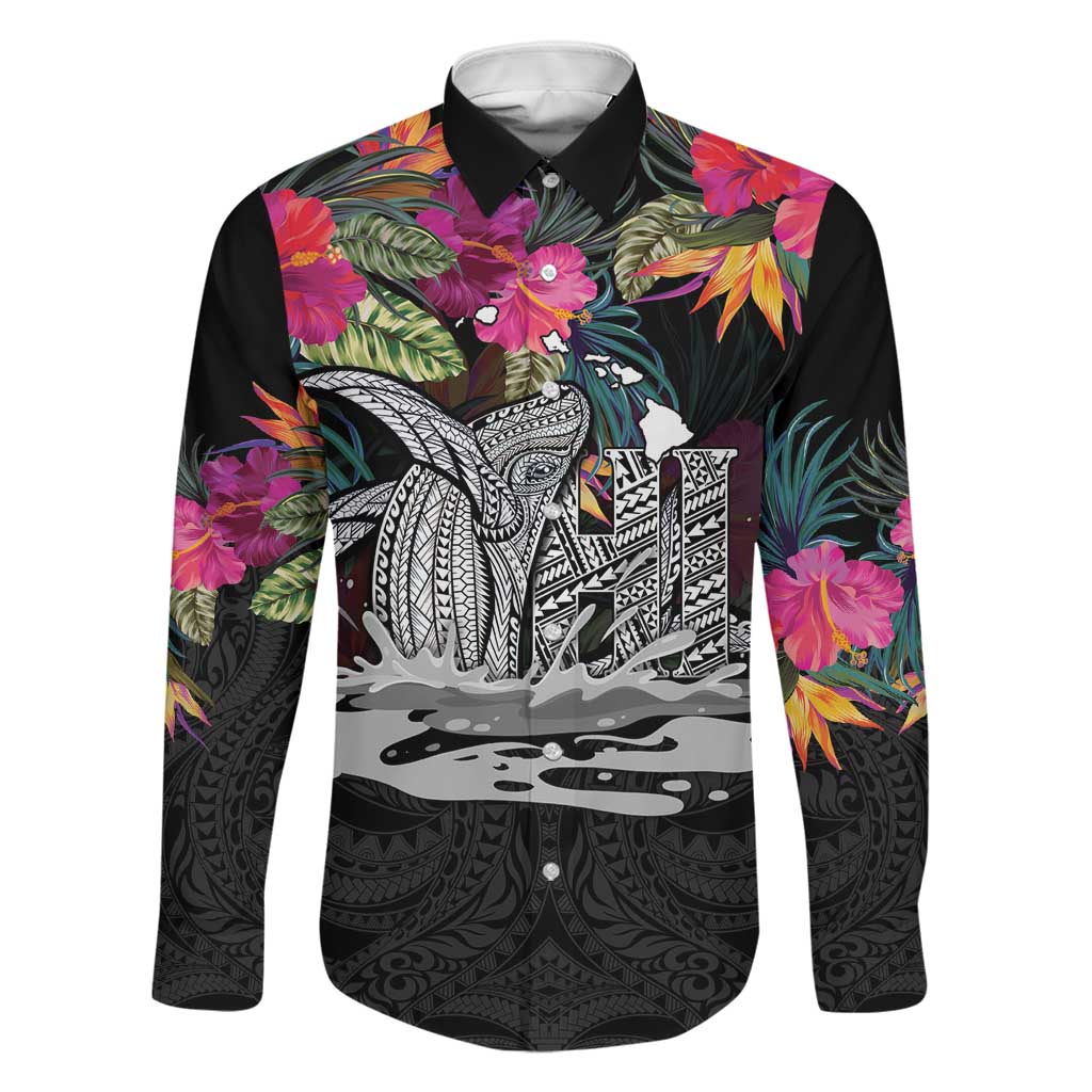 Personalised Hawaii Family Matching Off The Shoulder Long Sleeve Dress and Hawaiian Shirt Humpback Whale Tattoo With Tropical Flowers Black LT14 Dad's Shirt - Long Sleeve Black - Polynesian Pride