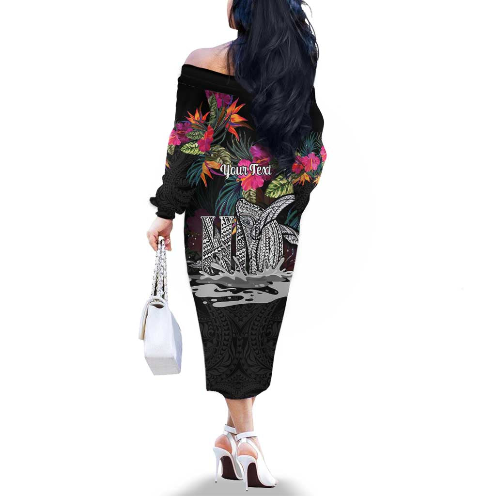 Personalised Hawaii Family Matching Off The Shoulder Long Sleeve Dress and Hawaiian Shirt Humpback Whale Tattoo With Tropical Flowers Black LT14 - Polynesian Pride
