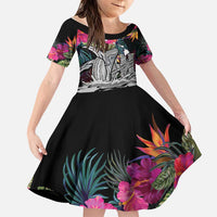 Personalised Hawaii Family Matching Off Shoulder Maxi Dress and Hawaiian Shirt Humpback Whale Tattoo With Tropical Flowers Black LT14 Daughter's Dress Black - Polynesian Pride
