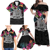 Personalised Hawaii Family Matching Off Shoulder Maxi Dress and Hawaiian Shirt Humpback Whale Tattoo With Tropical Flowers Black LT14 - Polynesian Pride
