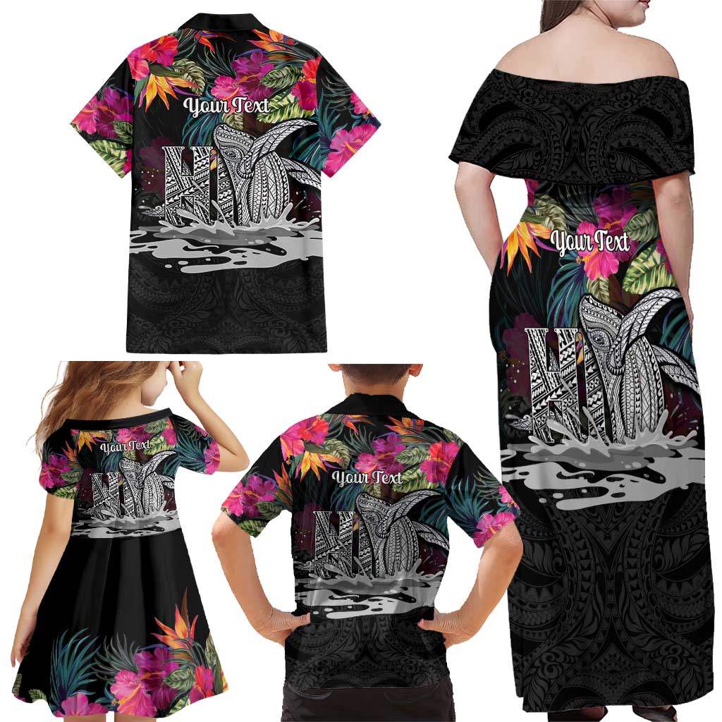 Personalised Hawaii Family Matching Off Shoulder Maxi Dress and Hawaiian Shirt Humpback Whale Tattoo With Tropical Flowers Black LT14 - Polynesian Pride