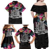 Personalised Hawaii Family Matching Off Shoulder Maxi Dress and Hawaiian Shirt Humpback Whale Tattoo With Tropical Flowers Black LT14 - Polynesian Pride