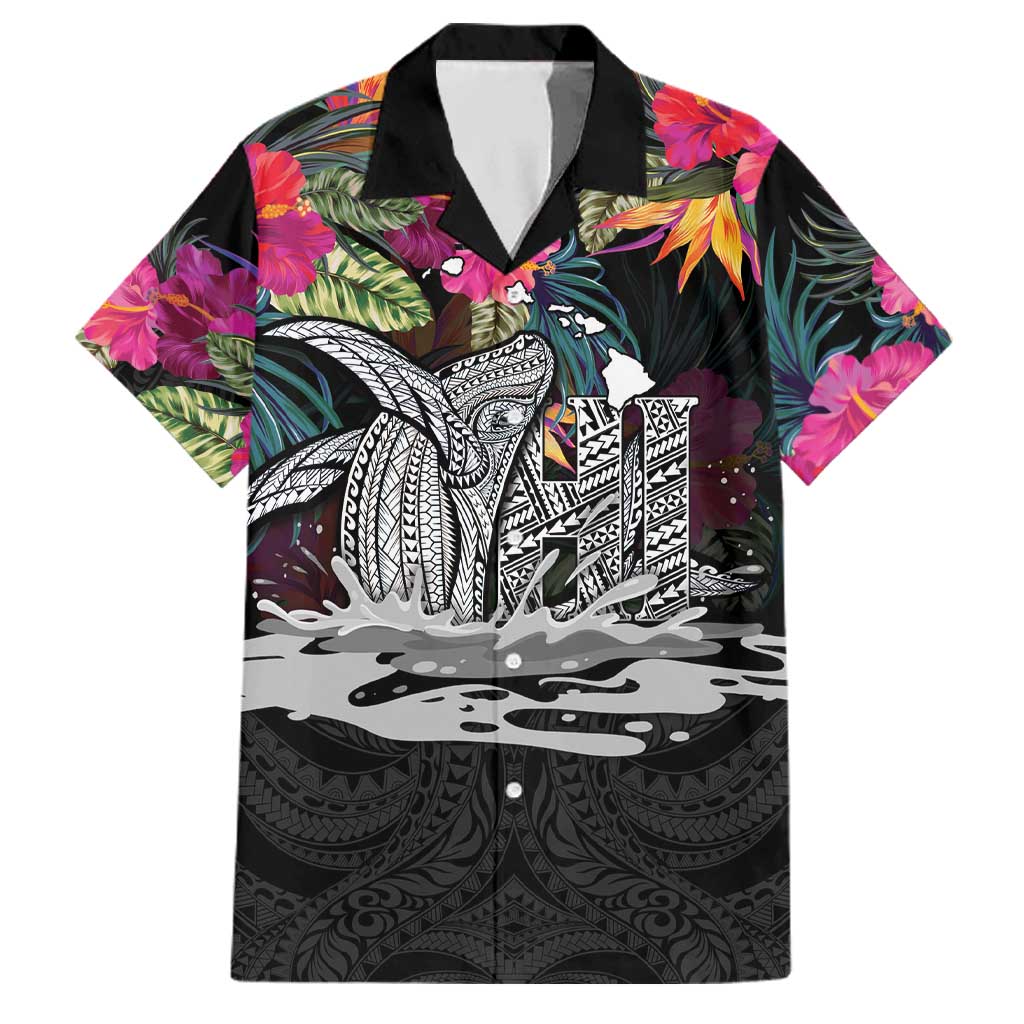 Personalised Hawaii Family Matching Off Shoulder Maxi Dress and Hawaiian Shirt Humpback Whale Tattoo With Tropical Flowers Black LT14 Dad's Shirt - Short Sleeve Black - Polynesian Pride