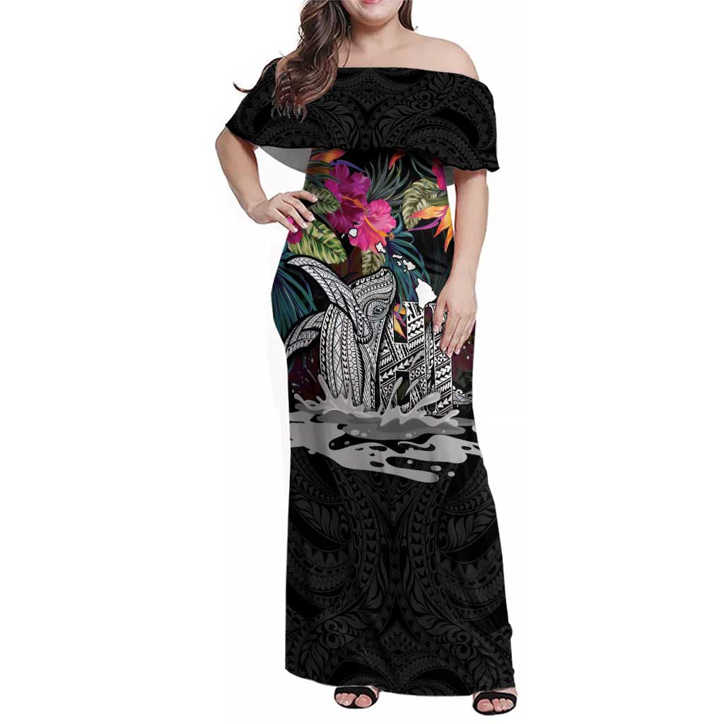 Personalised Hawaii Family Matching Off Shoulder Maxi Dress and Hawaiian Shirt Humpback Whale Tattoo With Tropical Flowers Black LT14 Mom's Dress Black - Polynesian Pride