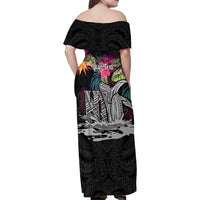 Personalised Hawaii Family Matching Off Shoulder Maxi Dress and Hawaiian Shirt Humpback Whale Tattoo With Tropical Flowers Black LT14 - Polynesian Pride