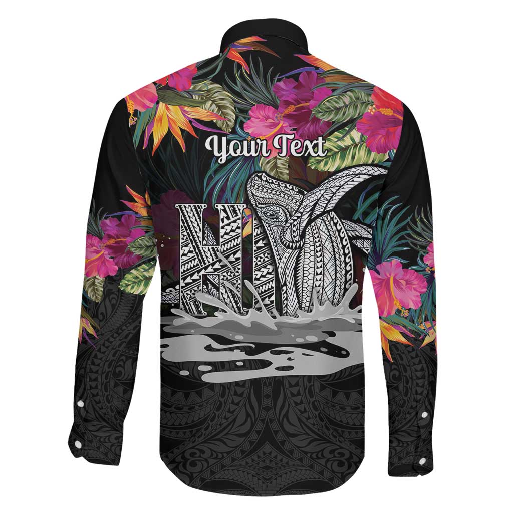 Personalised Hawaii Family Matching Puletasi and Hawaiian Shirt Humpback Whale Tattoo With Tropical Flowers Black LT14 - Polynesian Pride