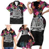 Personalised Hawaii Family Matching Short Sleeve Bodycon Dress and Hawaiian Shirt Humpback Whale Tattoo With Tropical Flowers Black LT14 - Polynesian Pride