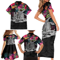 Personalised Hawaii Family Matching Short Sleeve Bodycon Dress and Hawaiian Shirt Humpback Whale Tattoo With Tropical Flowers Black LT14 - Polynesian Pride