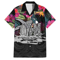 Personalised Hawaii Family Matching Short Sleeve Bodycon Dress and Hawaiian Shirt Humpback Whale Tattoo With Tropical Flowers Black LT14 Dad's Shirt - Short Sleeve Black - Polynesian Pride