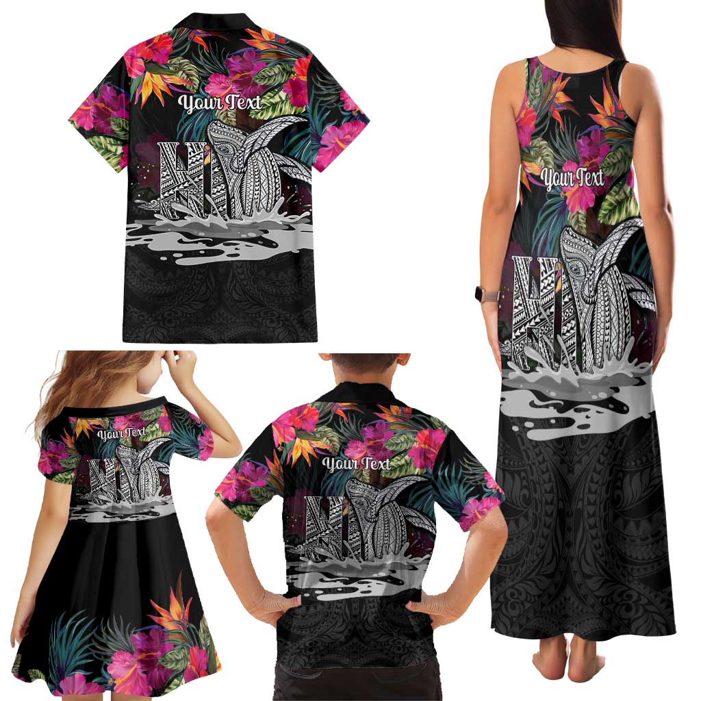 Personalised Hawaii Family Matching Tank Maxi Dress and Hawaiian Shirt Humpback Whale Tattoo With Tropical Flowers Black LT14 - Polynesian Pride