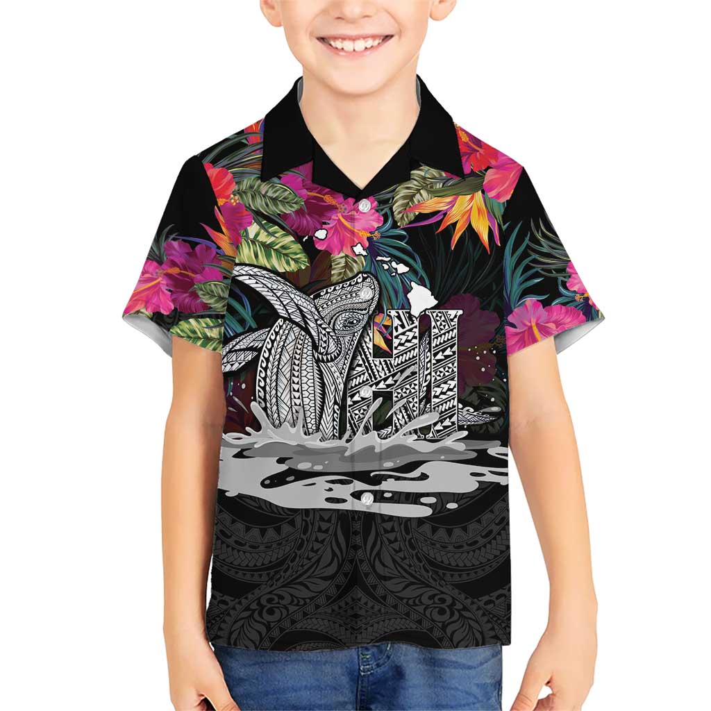 Personalised Hawaii Family Matching Tank Maxi Dress and Hawaiian Shirt Humpback Whale Tattoo With Tropical Flowers Black LT14 Son's Shirt Black - Polynesian Pride