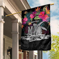 Personalised Hawaii Garden Flag Humpback Whale Tattoo With Tropical Flowers Black