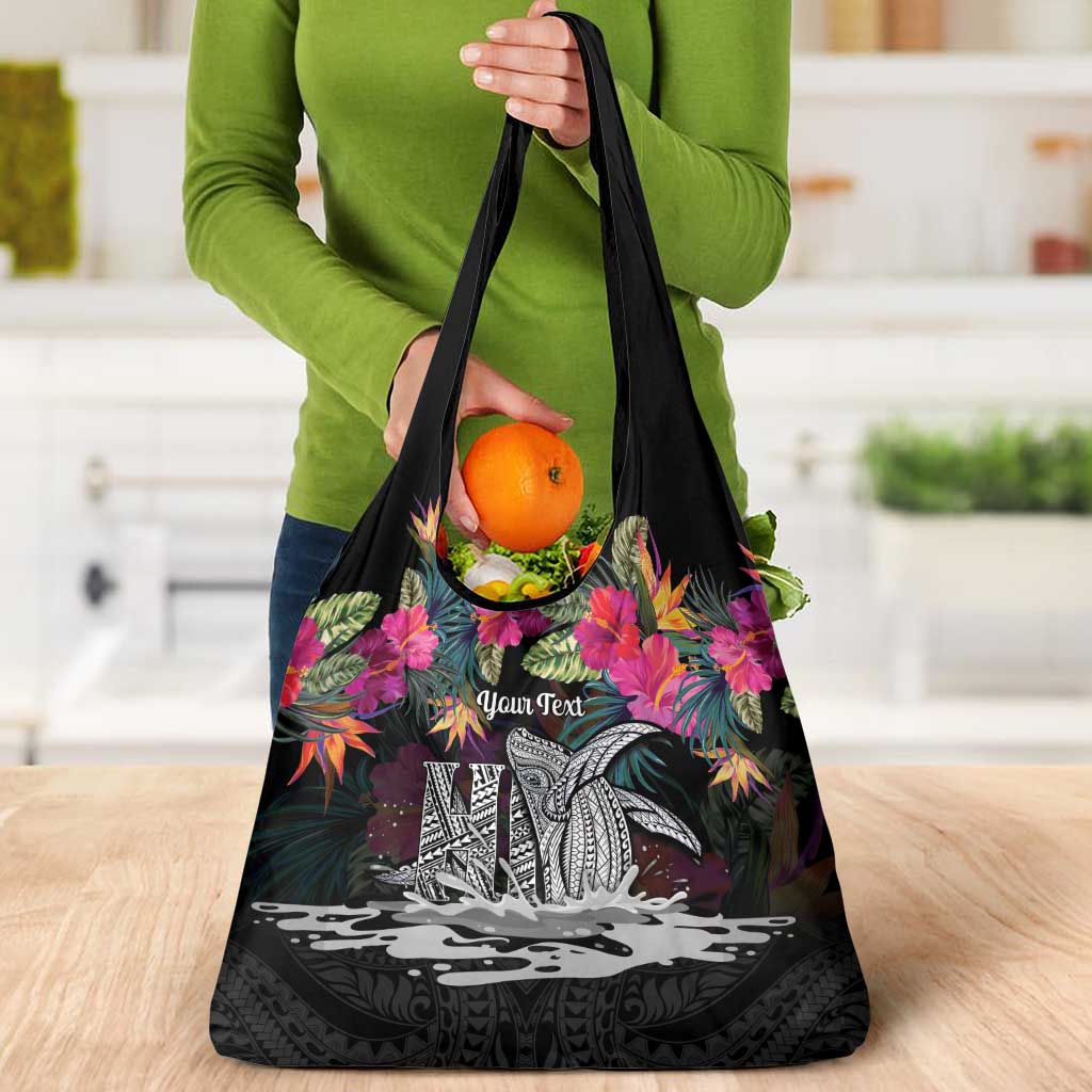 Personalised Hawaii Grocery Bag Humpback Whale Tattoo With Tropical Flowers Black