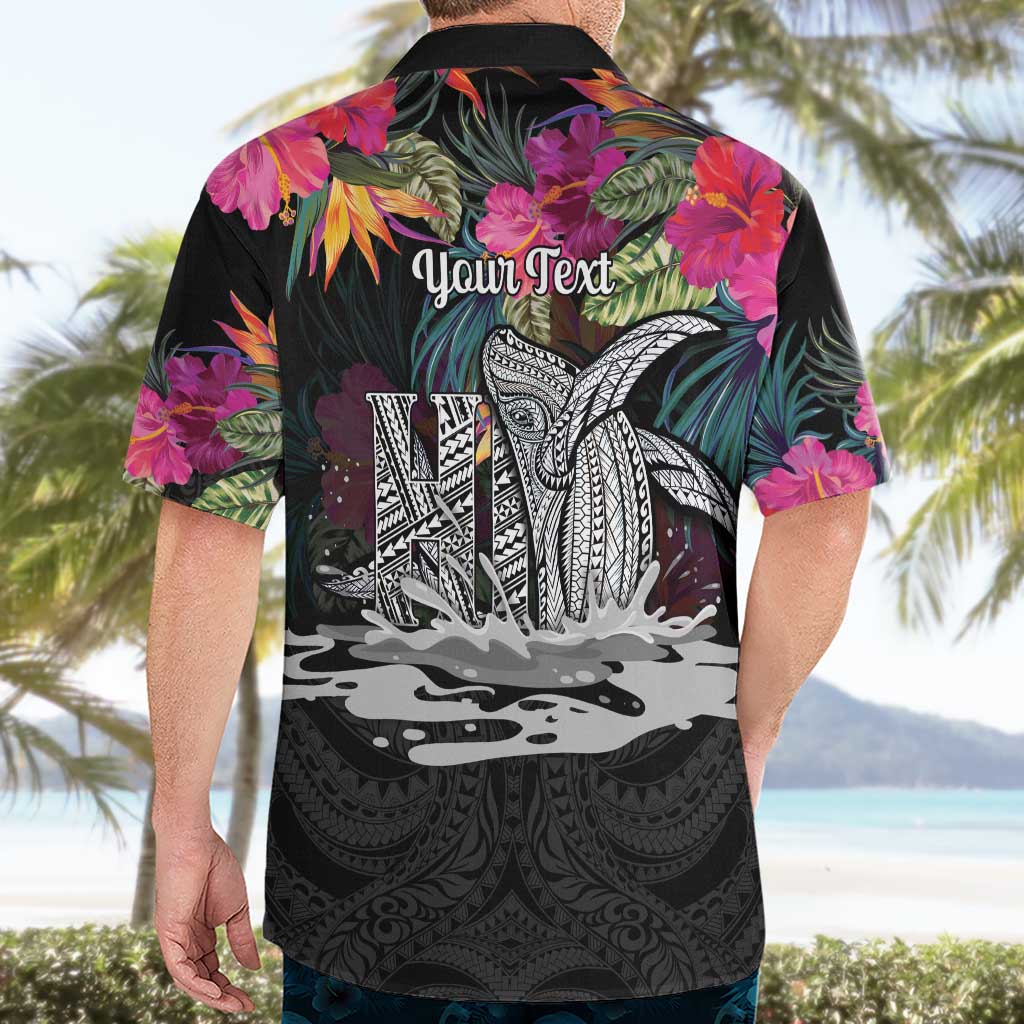 Personalised Hawaii Hawaiian Shirt Humpback Whale Tattoo With Tropical Flowers Black