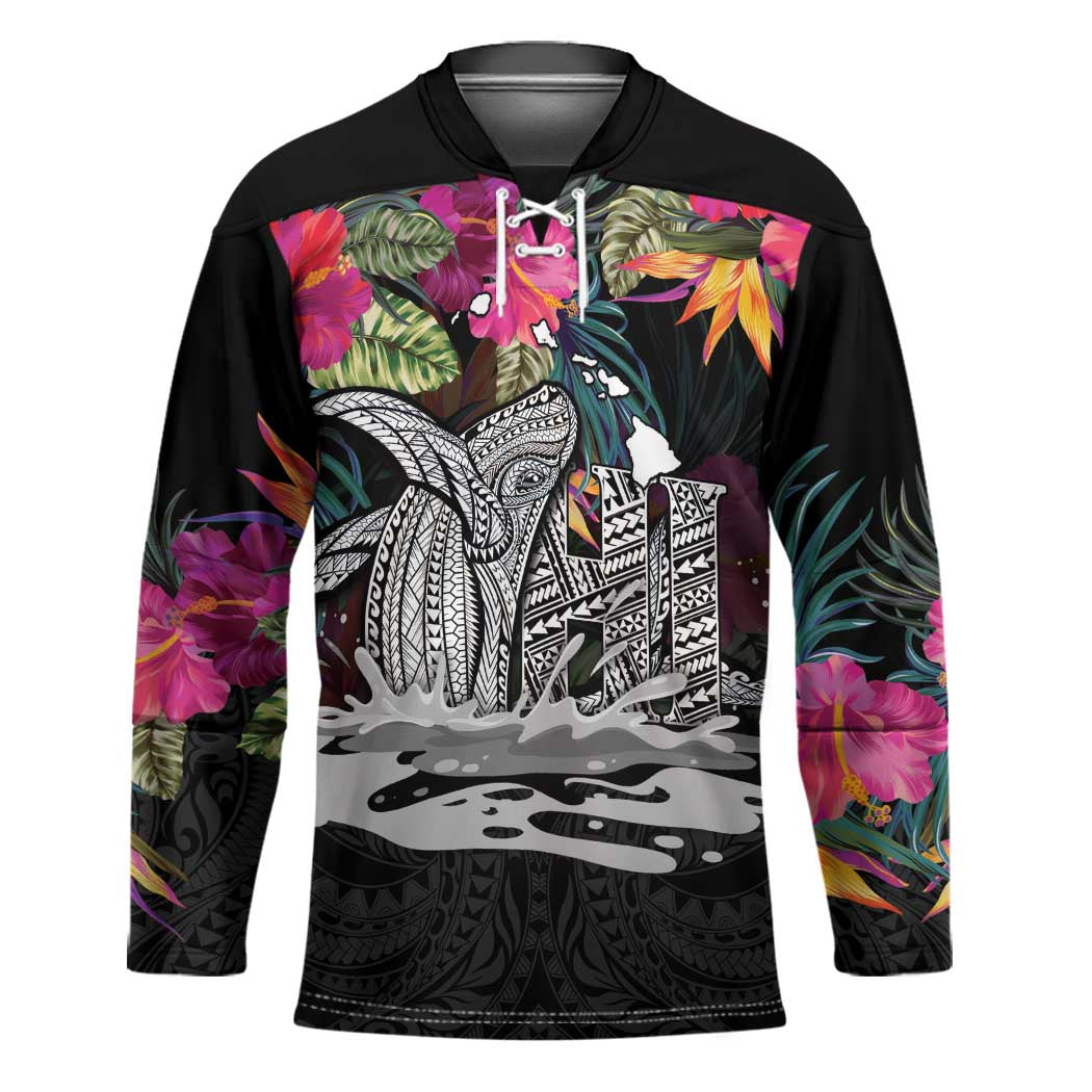 Personalised Hawaii Hockey Jersey Humpback Whale Tattoo With Tropical Flowers Black