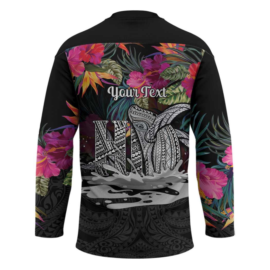 Personalised Hawaii Hockey Jersey Humpback Whale Tattoo With Tropical Flowers Black