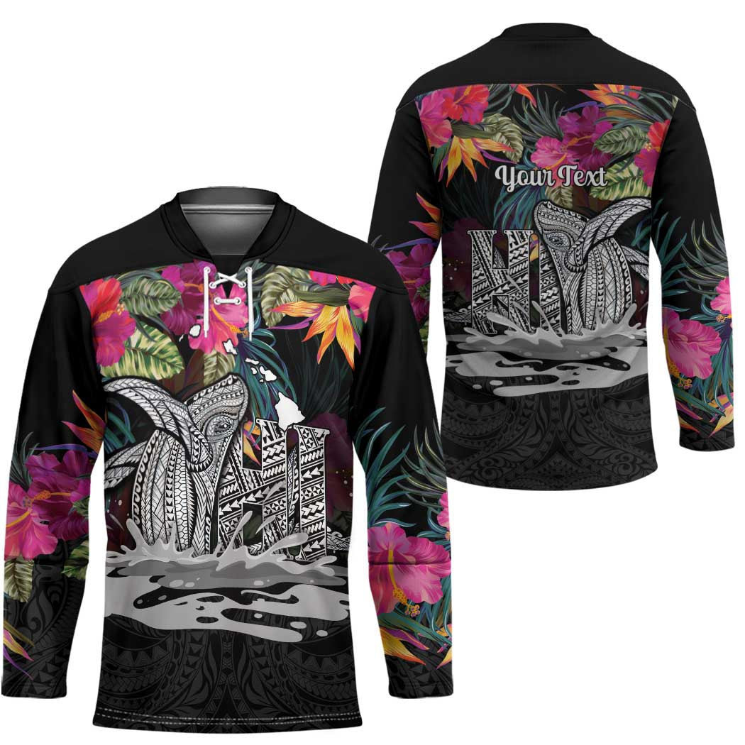 Personalised Hawaii Hockey Jersey Humpback Whale Tattoo With Tropical Flowers Black
