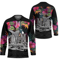 Personalised Hawaii Hockey Jersey Humpback Whale Tattoo With Tropical Flowers Black