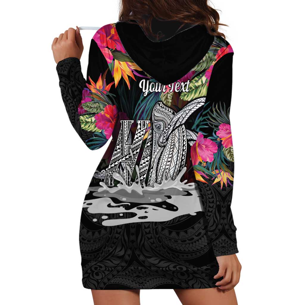 Personalised Hawaii Hoodie Dress Humpback Whale Tattoo With Tropical Flowers Black
