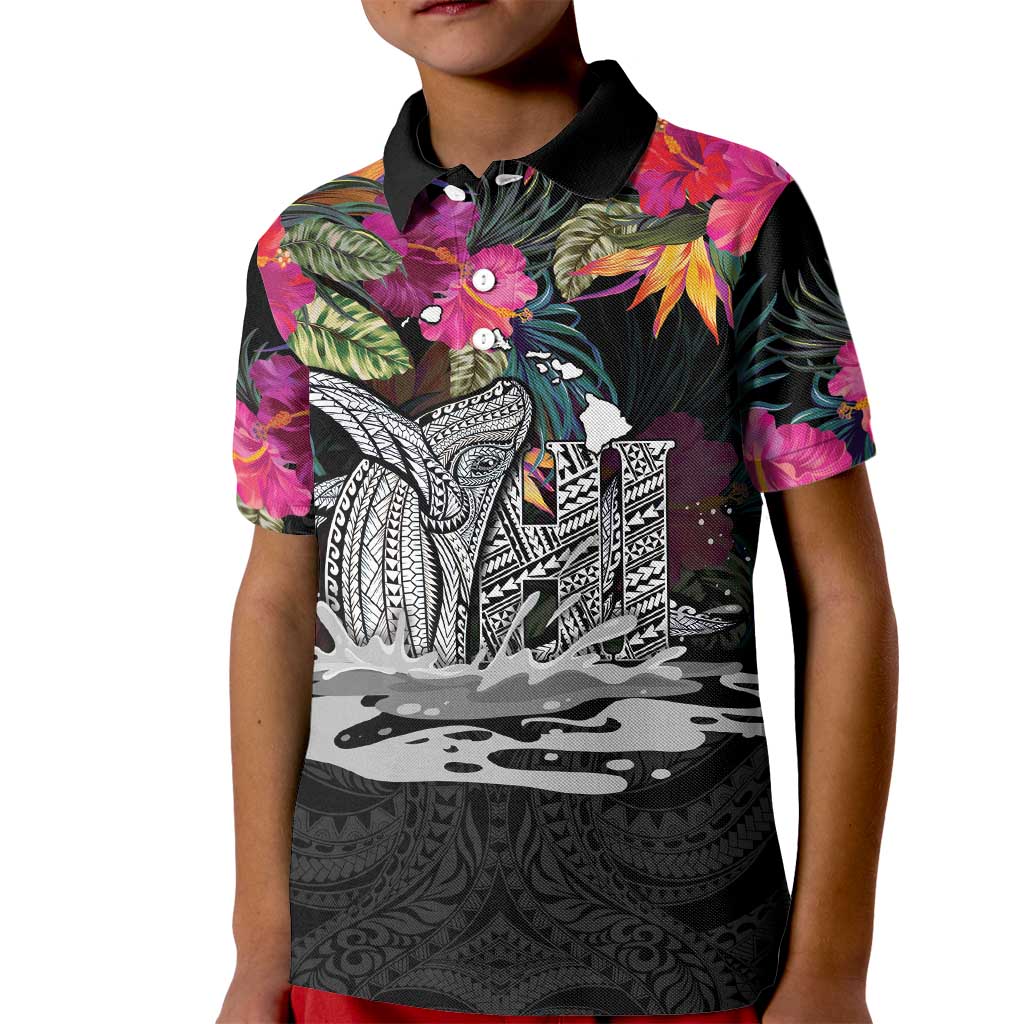 Personalised Hawaii Kid Polo Shirt Humpback Whale Tattoo With Tropical Flowers Black