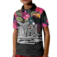 Personalised Hawaii Kid Polo Shirt Humpback Whale Tattoo With Tropical Flowers Black